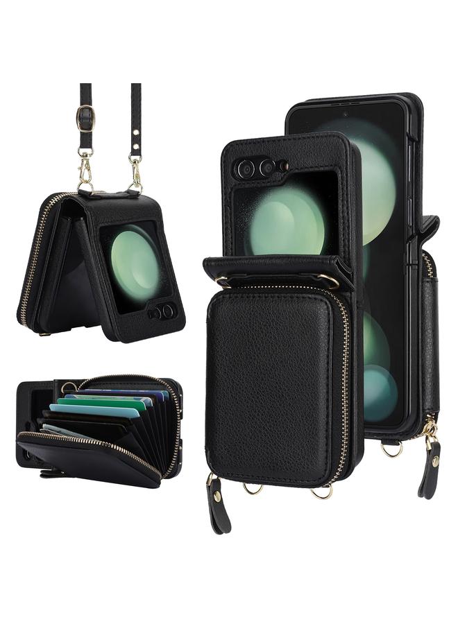 اس-توب جراب لهاتف Samsung Galaxy Z Flip5 مزود بحبل طويل وقصير وسحاب وفتحة للبطاقات، جراب هاتف قابل للطي - Image 1