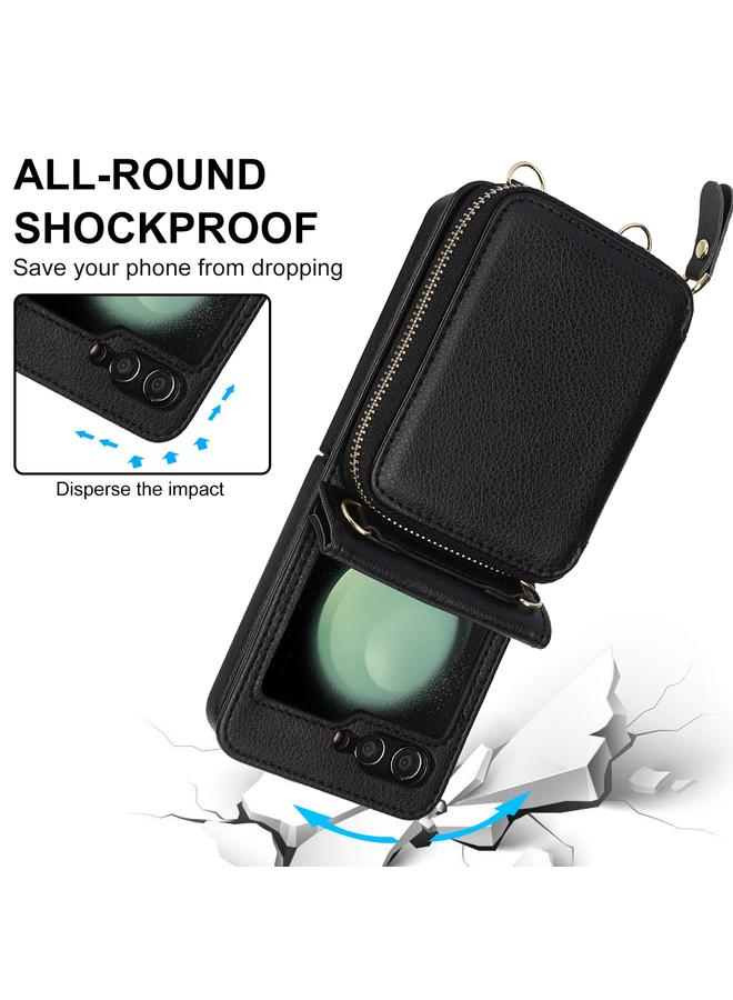 اس-توب جراب لهاتف Samsung Galaxy Z Flip5 مزود بحبل طويل وقصير وسحاب وفتحة للبطاقات، جراب هاتف قابل للطي - Image 4