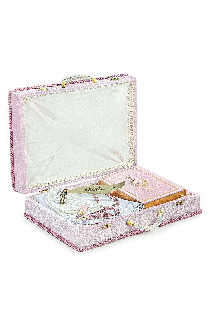 I MUSLIM PRAYER RUG SET ISLAMIC DOWRY GIFT BOX FOR MEN WOMEN SHAWL KUFI HAT DIGITAL BEADS COUNTER QURAN GIFT ELEGANT ISLAMIC GIFTS SET FOR RAMADAN EID WEDDING PINK