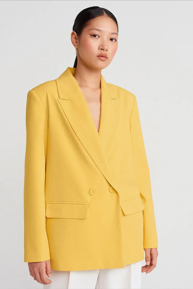 Dilvin Lemon Yellow DILVIN Oversized Long Crepe Blazer Jacket for Women | Best Price UAE