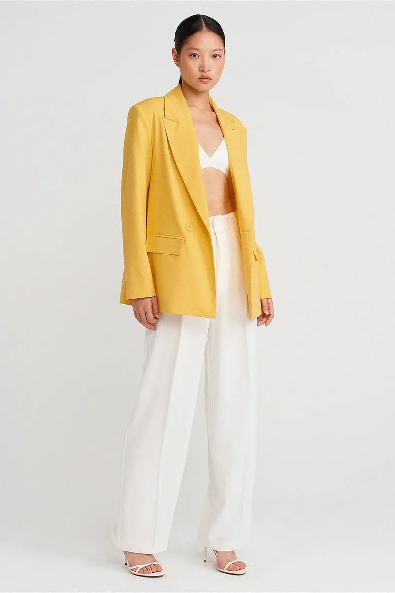 Dilvin Lemon Yellow DILVIN Oversized Long Crepe Blazer Jacket for Women | Best Price UAE