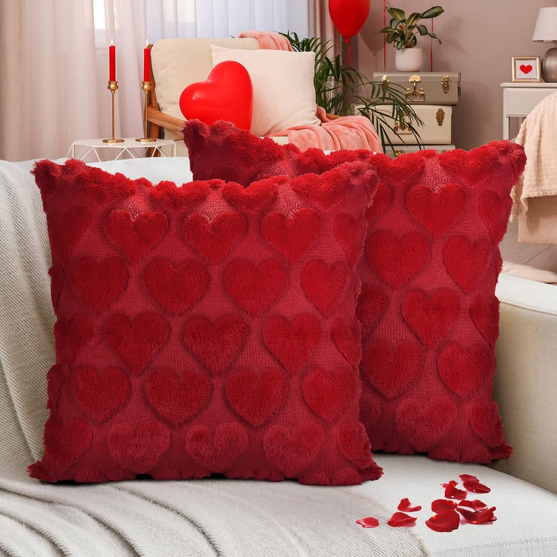 Finphoon Valentines Pillow Covers 18x18 inch Set of 2, Red Heart Soft Plush Short Throw Pillow Cover, Valentines Day Decoration Case Pillow for Sofa Couch Bed Holiday Outdoor Home Decorations - Image 1