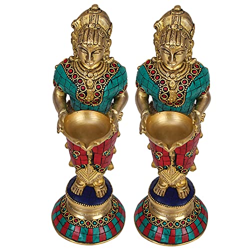 Kartique Brass Standing Lady with Large Diya for Home Entrance Decor Puja Room Meenakshi Devi Holding Oil Lamp Deep Laxmi Deepak Deepam Diwali Gift Multicolor Color Height 9 Inch - Image 2