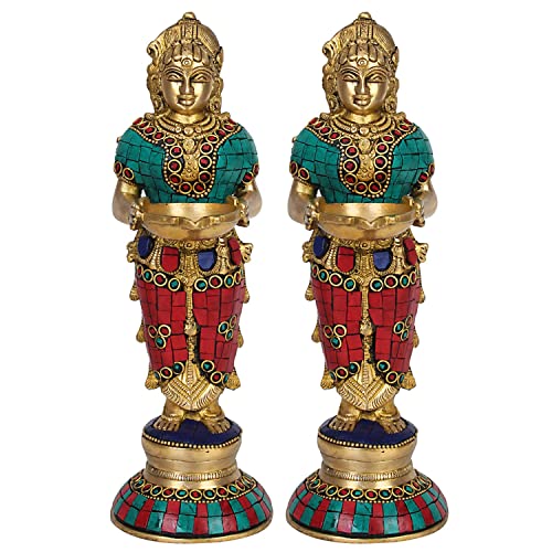 Kartique Brass Standing Lady with Large Diya for Home Entrance Decor Puja Room Meenakshi Devi Holding Oil Lamp Deep Laxmi Deepak Deepam Diwali Gift Multicolor Color Height 9 Inch - Image 1