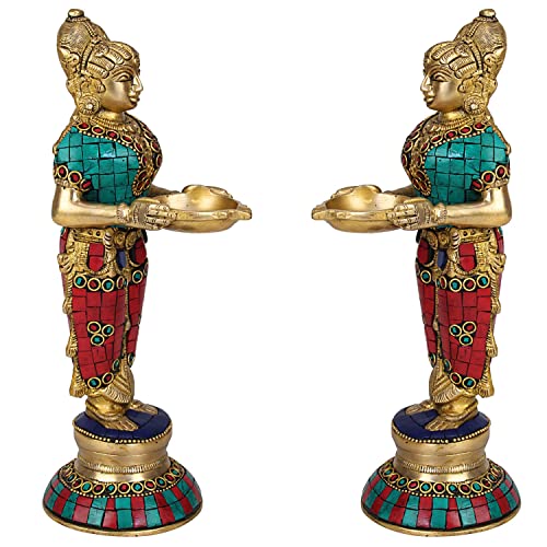 Kartique Brass Standing Lady with Large Diya for Home Entrance Decor Puja Room Meenakshi Devi Holding Oil Lamp Deep Laxmi Deepak Deepam Diwali Gift Multicolor Color Height 9 Inch - Image 4