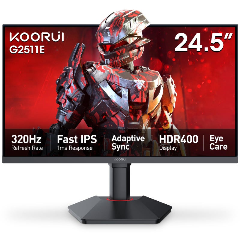 KOORUI شاشة الألعاب KOORUI G2511E بحجم 24.5 بوصة، 320Hz 1ms IPS سريعة، FHD 1080P، HDR 400، نطاق ألوان 95% DCI-P3، متوافقة مع Adaptive Sync، قاعدة مريحة، HDMI 2.0 و DP 1.4، سوداء - Image 1