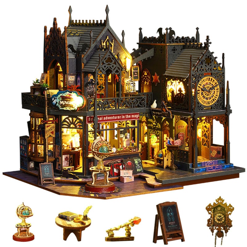 Plustopoy Miniature House Kit DIY Mini House Building Kit with LED Light, DIY Mini Dollhouse with Furniture Book Nook Kit, 3D Wooden Puzzle Wooden Bookend Shelf Insert Decro (Holo Magic City) - Image 1