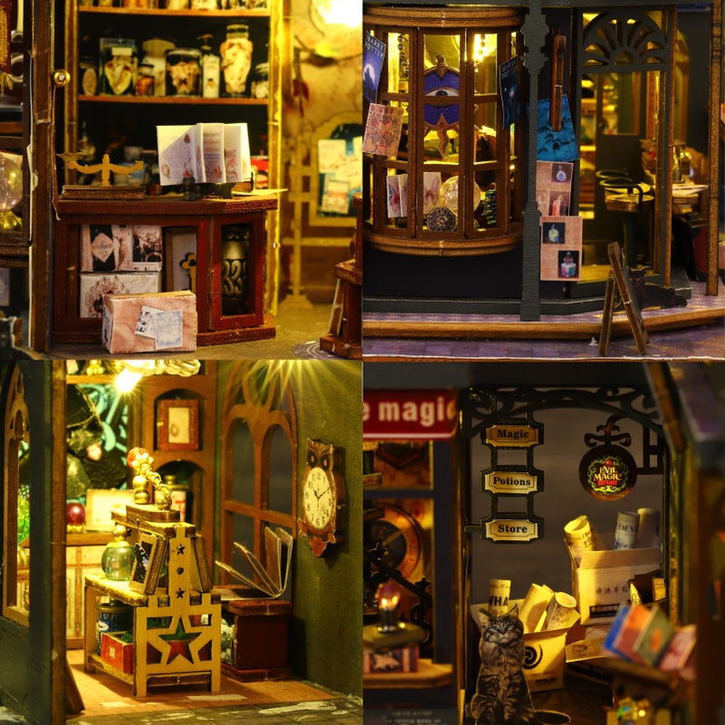 Plustopoy Miniature House Kit DIY Mini House Building Kit with LED Light, DIY Mini Dollhouse with Furniture Book Nook Kit, 3D Wooden Puzzle Wooden Bookend Shelf Insert Decro (Holo Magic City) - Image 2