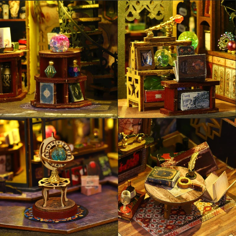 Plustopoy Miniature House Kit DIY Mini House Building Kit with LED Light, DIY Mini Dollhouse with Furniture Book Nook Kit, 3D Wooden Puzzle Wooden Bookend Shelf Insert Decro (Holo Magic City) - Image 3