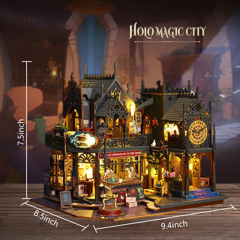 Plustopoy Miniature House Kit DIY Mini House Building Kit with LED Light, DIY Mini Dollhouse with Furniture Book Nook Kit, 3D Wooden Puzzle Wooden Bookend Shelf Insert Decro (Holo Magic City) - Image 5