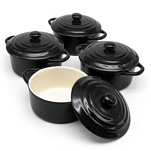 Kook Ceramic Mini Cocotte Set, Small Casserole Dishes with Lids and Handles, Individual Baking Ramekins, Oven, Microwave & Dishwasher Safe, Stoneware, 12 oz, Set of 4 (Black) - Image 1