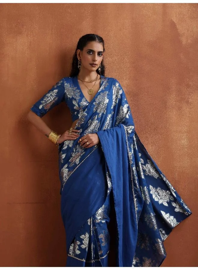 trueBrowns trueBrowns Blue Metallic Ready To Wear Saree