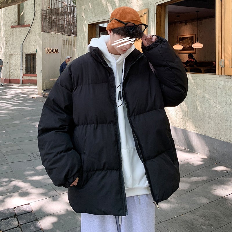 Cotton-padded jacket mens winter trendy brand plump handsome down cotton-padded jacket ins Hong Kong-style relaxed-fit casual cotton-padded jacket trendy thick coat Black - Image 1