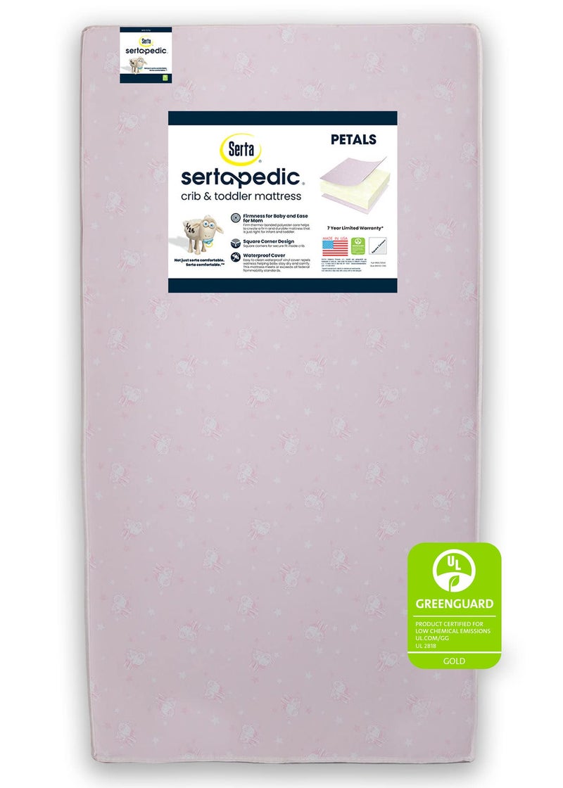Delta CHILDREN Serta Sertapedic Petals Dual Sided Premium Recycled Fiber Core Crib and Toddler Mattress Waterproof GREENGUARD Gold Certified Trusted 7 Year Warranty Made in USA Pink