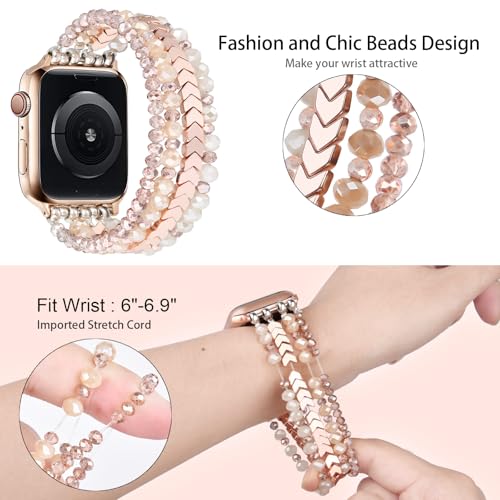 MOFREE Beaded Bracelet Compatible with Apple Watch Band 38mm/40mm/41mm/42mm, Fashion Elastic Stretch Women Bands for iWatch Series 11/10/9/8/7/SE/6/5/4/3/2/1 iPhone Watch Strap Bands Rose Gold - Image 3