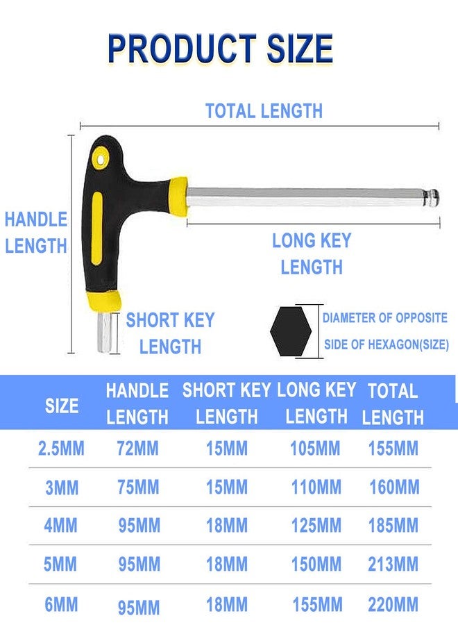 JONMON Bike Hex Key Allen Wrenches Set - 2.5/3/4/5/6mm Bicycle T-handle Long Arm Hex Key with Ball End Screwdriver Hand Tool for Bike Pedal Handlebar Disc Brake Mount Repair - Image 2