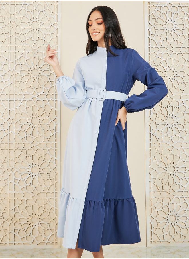 Styli - Colorblock High Neck Belted Shirt Midi Dress - Image 1
