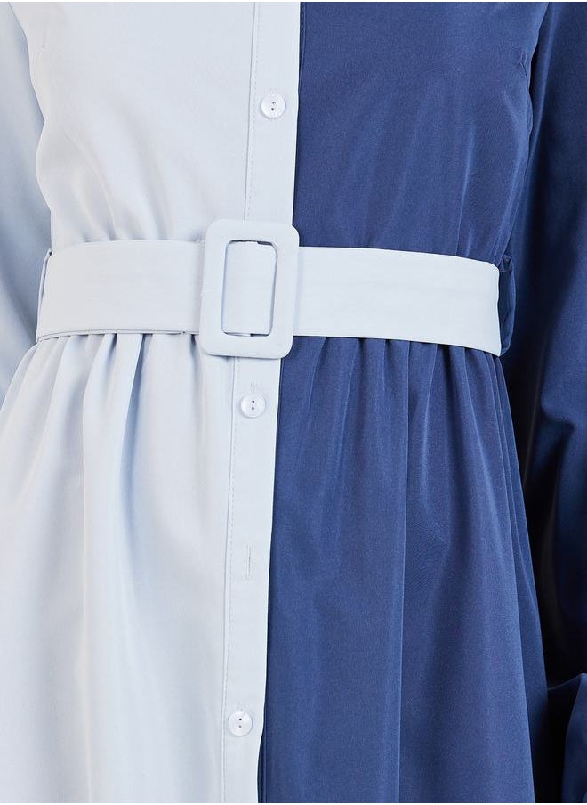 Styli - Colorblock High Neck Belted Shirt Midi Dress - Image 1