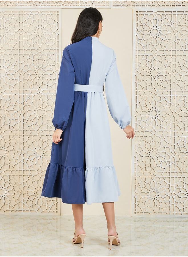 Styli - Colorblock High Neck Belted Shirt Midi Dress - Image 1