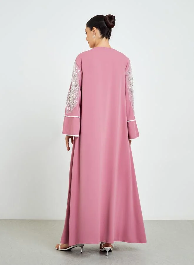 Amirah  Light Pink Embroidered Sleeve A-Line Abaya for Women | Best Price UAE
