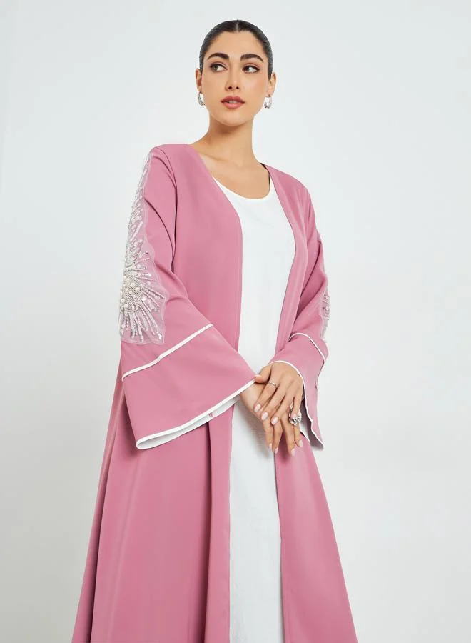 Amirah Light Pink Embroidered Sleeve A-Line Abaya