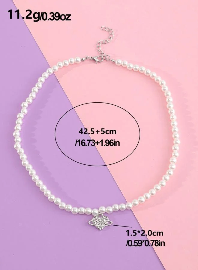 Take Two  Girls White Pearl Beaded Necklace with Crystal Heart Pendant for Women | Best Price UAE