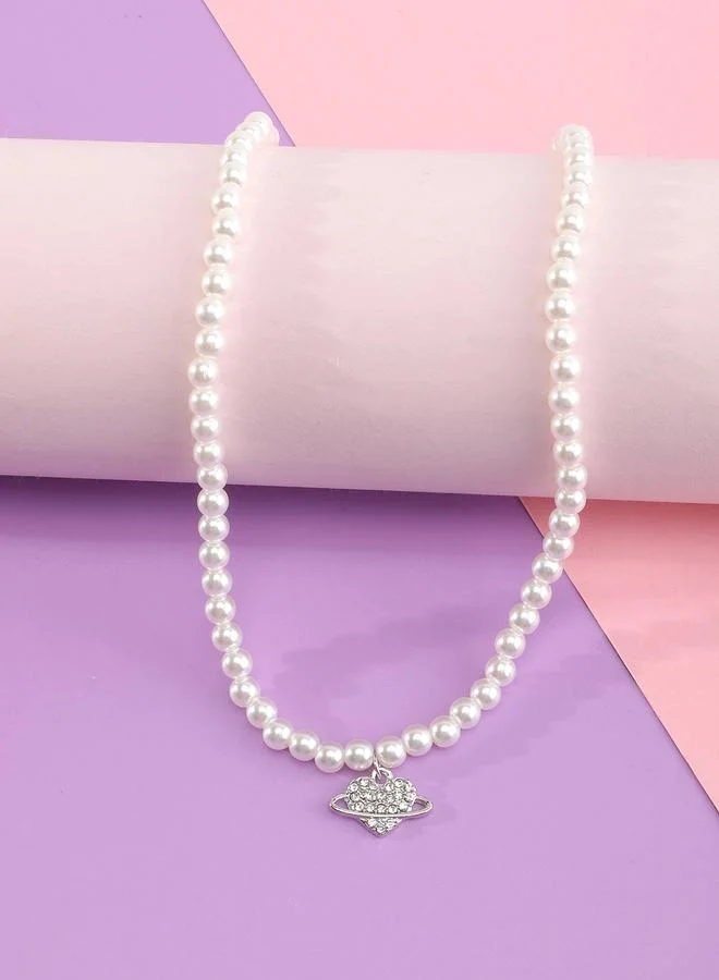 Girls White Pearl Beaded Necklace with Crystal Heart Pendant
