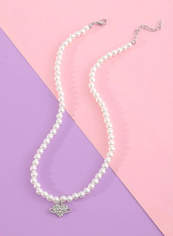 Take Two  Girls White Pearl Beaded Necklace with Crystal Heart Pendant for Women | Best Price UAE