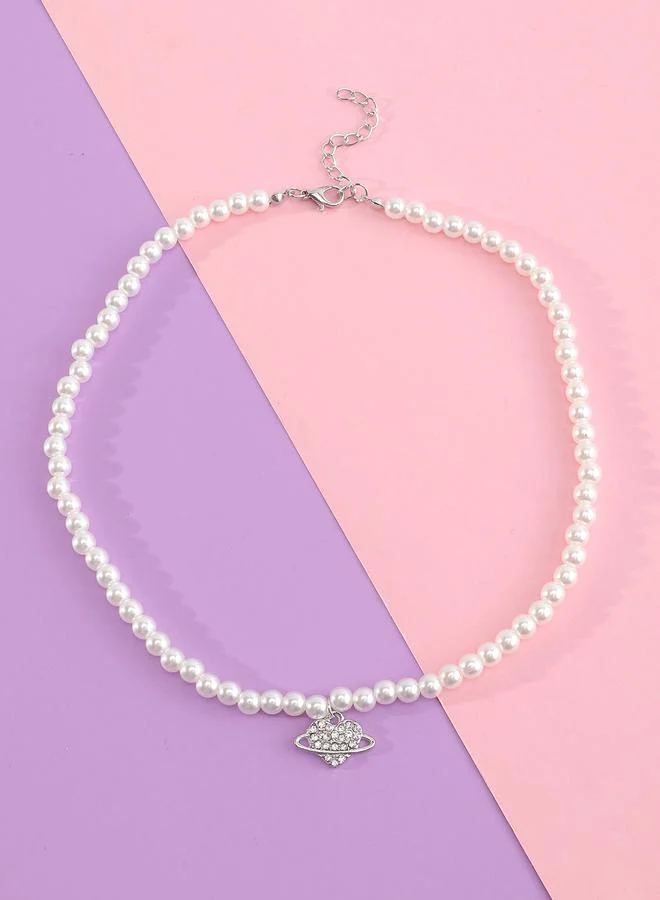 Take Two  Girls White Pearl Beaded Necklace with Crystal Heart Pendant for Women | Best Price UAE