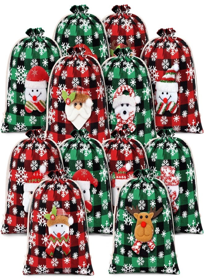 FLOE 12Pcs Burlap Christmas Gift Bags with Drawstring, 8x10in 3D Doll Buffalo Plaid Christmas Goody Gift Bags Small Xmas Candy Bag, Linen Treat Bags Xmas Gifts Wrapping Bag Holiday Party Favors Sacks - Image 1