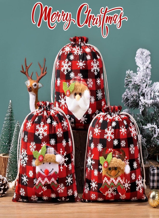 FLOE 12Pcs Burlap Christmas Gift Bags with Drawstring, 8x10in 3D Doll Buffalo Plaid Christmas Goody Gift Bags Small Xmas Candy Bag, Linen Treat Bags Xmas Gifts Wrapping Bag Holiday Party Favors Sacks - Image 4