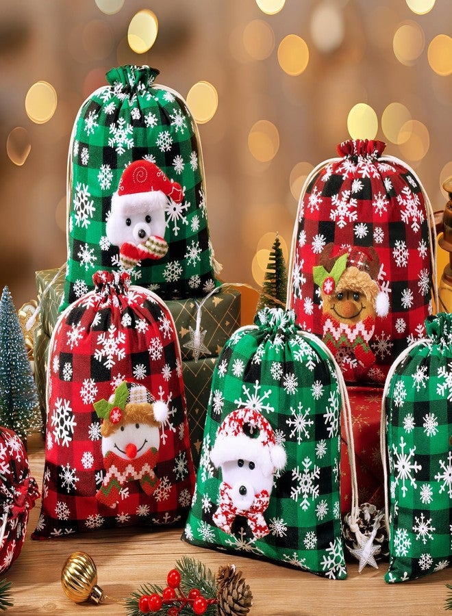 FLOE 12Pcs Burlap Christmas Gift Bags with Drawstring, 8x10in 3D Doll Buffalo Plaid Christmas Goody Gift Bags Small Xmas Candy Bag, Linen Treat Bags Xmas Gifts Wrapping Bag Holiday Party Favors Sacks - Image 3