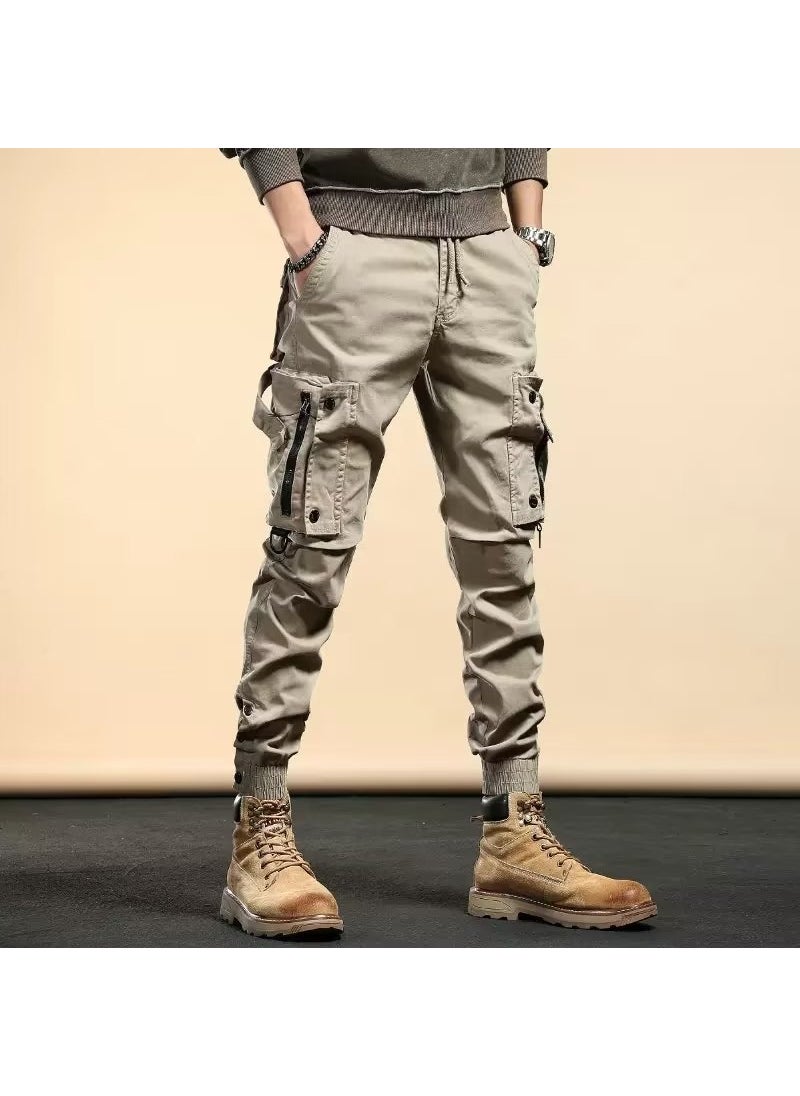 Generic - Trendy Brand Mens Cargo Pants Autumn 2022 New Zipper Pocket Tactical Pants Ins Trendy Brand Casual Trousers Men XK110 khaki - Image 1