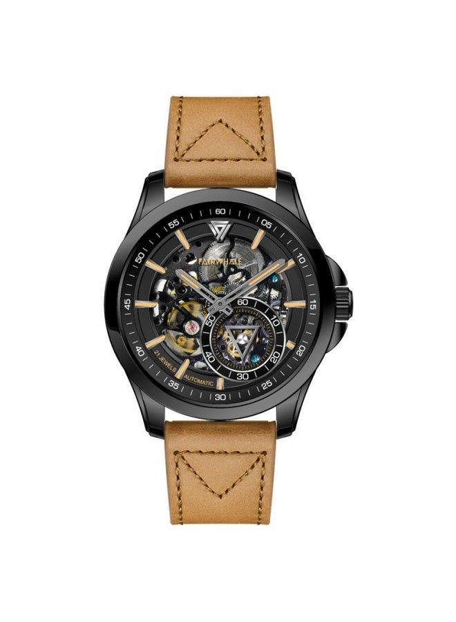 Mark Fairwhale Men's Double Skeleton Transparent Mechanical Watch - Black Dial & Brown Leather Strap