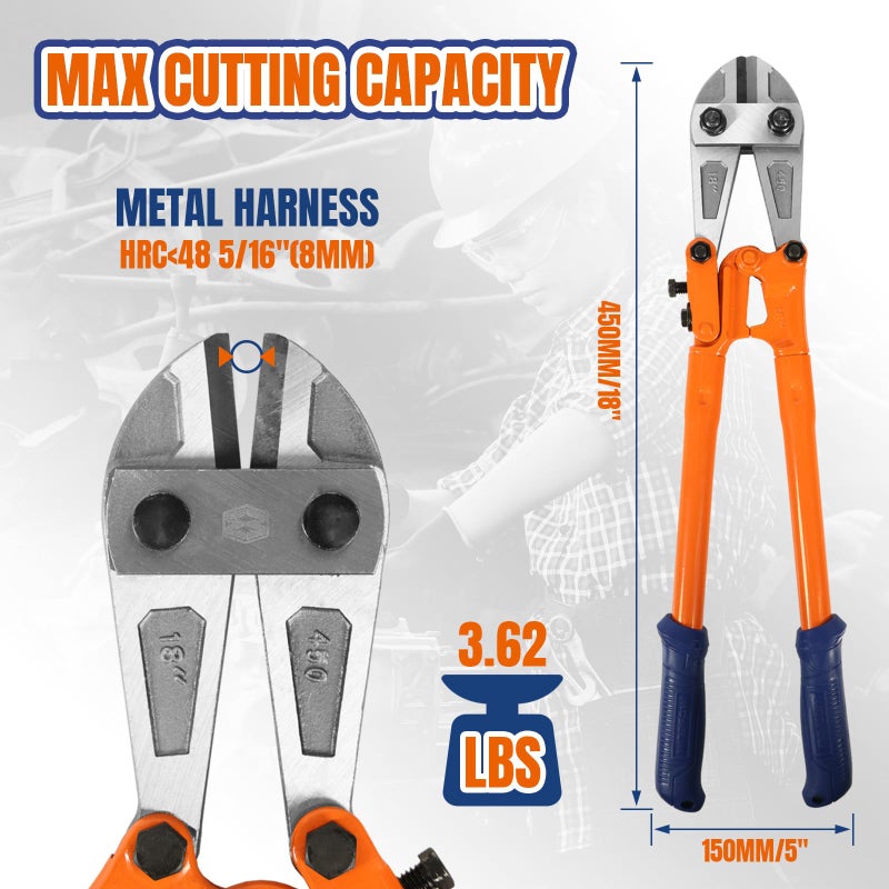 WADFOW Bolt Cutter: Soft Grip Rubber Ergonomic Handle Cutters Cutting Fence, Steel Wire, Chain, Screws, Rivet and Medium Padlock, 18", Medium Size Heavy-Duty - Image 3