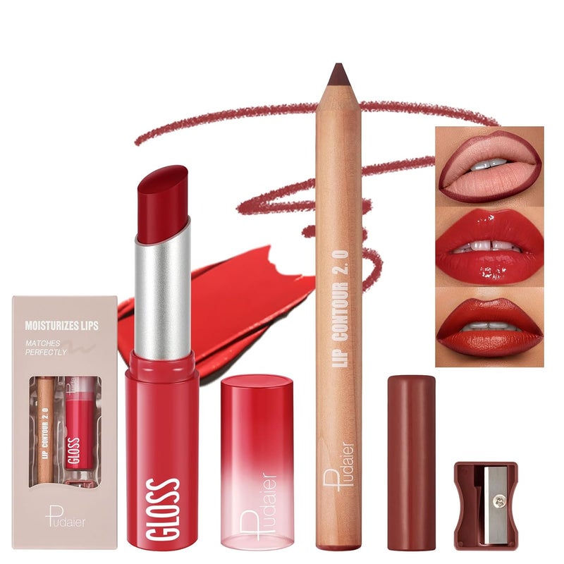 pudaier 2Pcs Lip Liner and Lipstick Combo Highly Pigmented Lip Liner and Lipstick Set for women Long Lasting Matte Lip Pencil and Hydrating Lip Balm Lip Gloss Makeup Kits with Sharpener