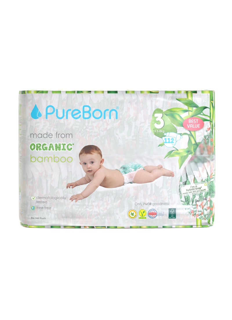 PureBorn Organic Diapers Size-3 5.5-8kg Master Value Pack Tropic 112 Diapers - Image 1