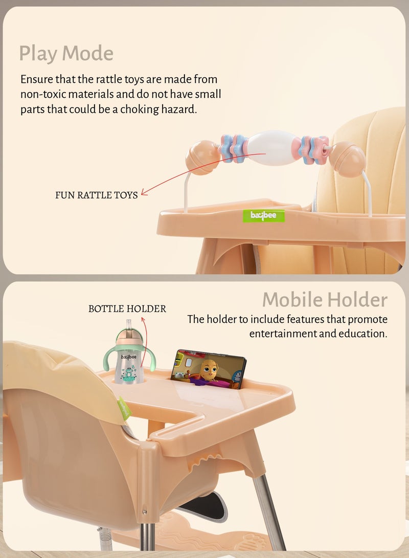 BAYBEE 3 In 1 Invictus Baby High Chair For Kids With 2 Adjustable Height & Footrest, Baby Toddler Feeding Chair Booster Seat With Tray, Safety Belt Kids High Chair For Baby 6 Months To 4 Years Boy Girl Beige - Image 5