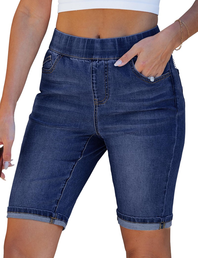 luvamia Bermuda Shorts for Women Jean Pull On Elastic Waist High Waisted Knee Length Fold Hem Stretchy Denim Long Bermuda Shorts Women Darkness Blue Size Large Fits US 12-14 - Image 1
