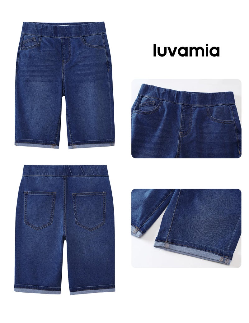 luvamia Bermuda Shorts for Women Jean Pull On Elastic Waist High Waisted Knee Length Fold Hem Stretchy Denim Long Bermuda Shorts Women Darkness Blue Size Large Fits US 12-14 - Image 5