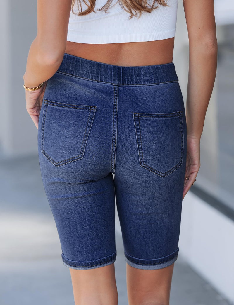 luvamia Bermuda Shorts for Women Jean Pull On Elastic Waist High Waisted Knee Length Fold Hem Stretchy Denim Long Bermuda Shorts Women Darkness Blue Size Large Fits US 12-14 - Image 3