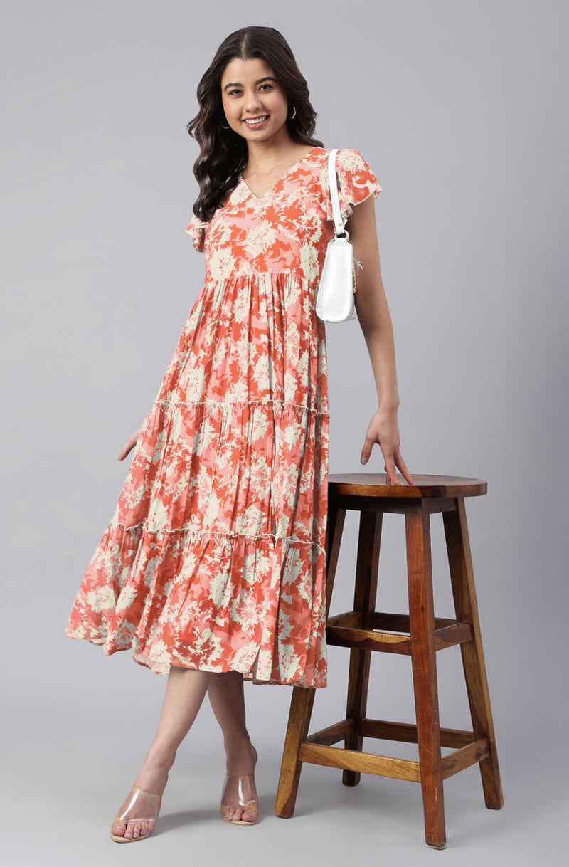 Janasya Women's Orange Georgette Abstract Printed Tiered Dress (JAC24DR01788-S) - Image 2