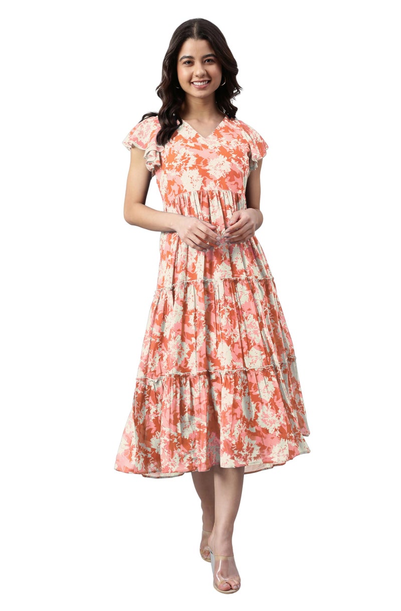 Janasya Women's Orange Georgette Abstract Printed Tiered Dress (JAC24DR01788-S) - Image 1