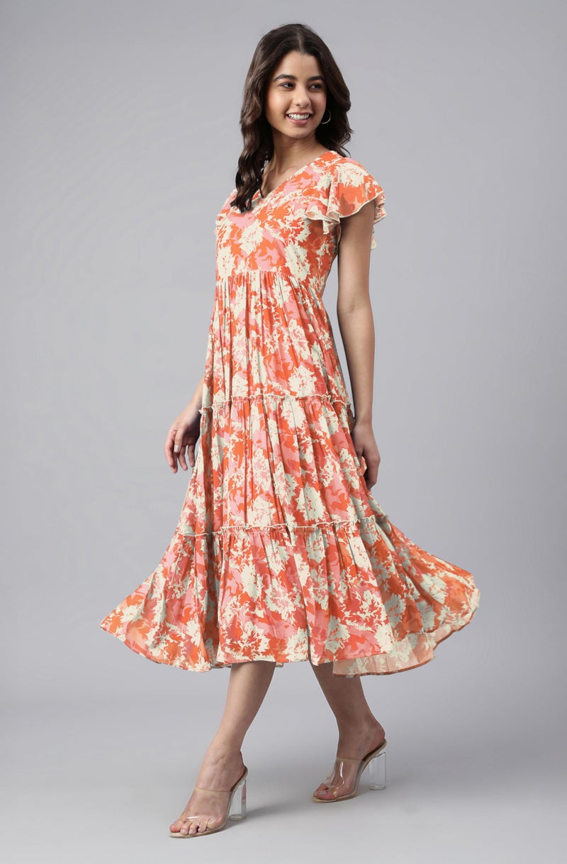 Janasya Women's Orange Georgette Abstract Printed Tiered Dress (JAC24DR01788-S) - Image 3
