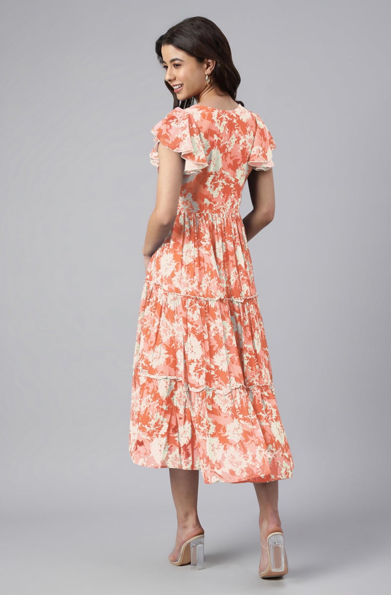Janasya Women's Orange Georgette Abstract Printed Tiered Dress (JAC24DR01788-S) - Image 5