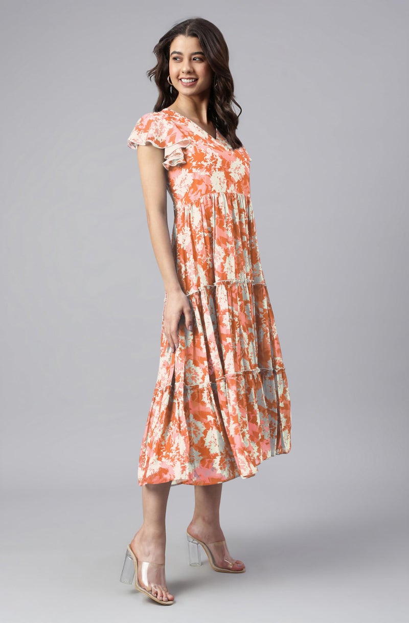Janasya Women's Orange Georgette Abstract Printed Tiered Dress (JAC24DR01788-S) - Image 4