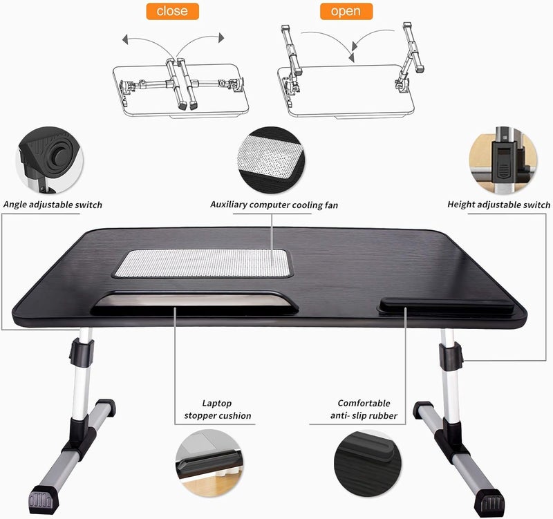 Adjustable Lap Desk with Cooling USB Fan, Foldable & Portable Computer Table Lapdesk with Fans, Laptop Stand with Adjustable Height, Bed TV Tray, Work from Home Accessories (Black) - Image 5