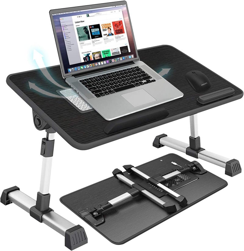 Adjustable Lap Desk with Cooling USB Fan, Foldable & Portable Computer Table Lapdesk with Fans, Laptop Stand with Adjustable Height, Bed TV Tray, Work from Home Accessories (Black) - Image 1