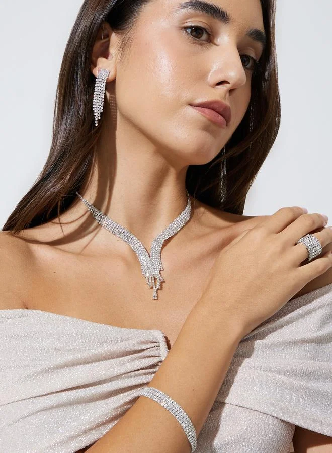 Silver Tone Rhinestone Embellished Y-Necklace Ring, Earrings and Bracelet Set