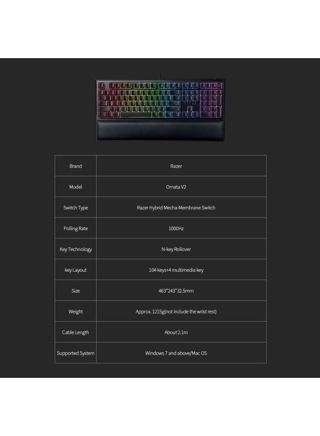 RAZER Ornata V2 Gaming Keyboard  Hybrid Mechanical Key Switches, Customizable Chroma RGB Lighting, Individually Backlit Keys, Detachable Plush Wrist Rest, Programmable Macros Black - Image 3